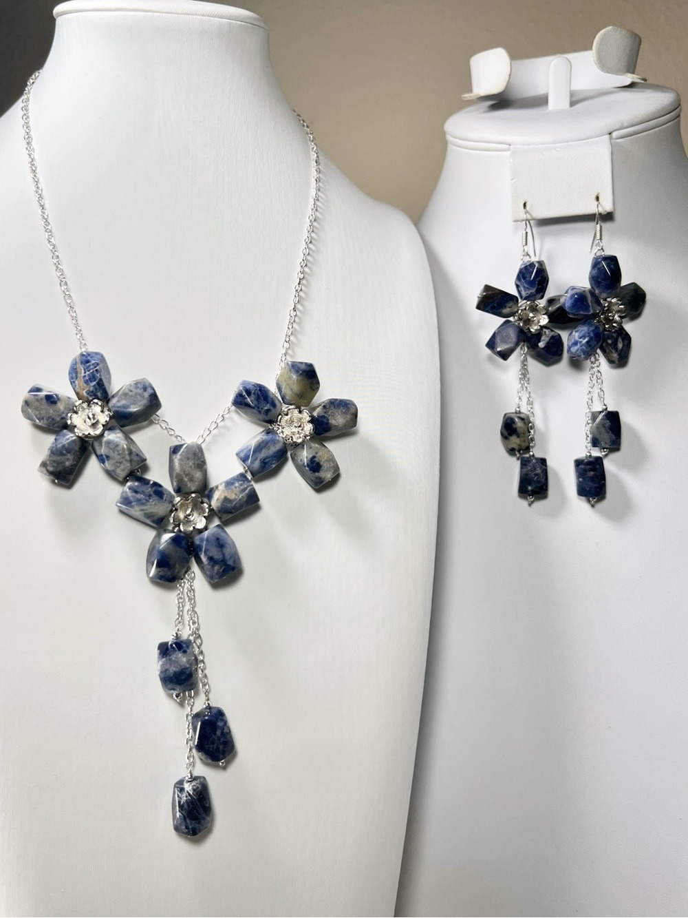 Sodalite Floral 925 Gemstone Large Design Delicate Necklace & Earrings Set